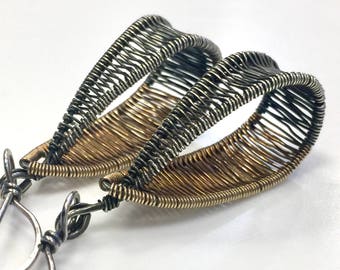 Silver and gold-filled wire-wrapped earrings  - dangling earrings - woven two-tone earrings 3D design