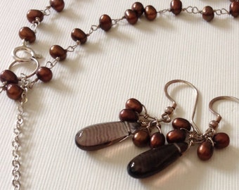 Smokey quartz and bronze pearl set: wirewrapped necklace and dangle earrings with silver - silver cluster warrings with smokey quartz