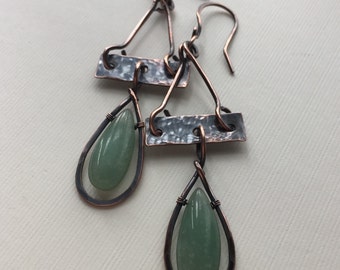 Copper earrings with long green aventurine beads - wire wrapped oxidized copper earrings