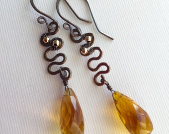 Hammered silver waves and gold-filled beads with honey quartz beads - wirewrapped drop earrings