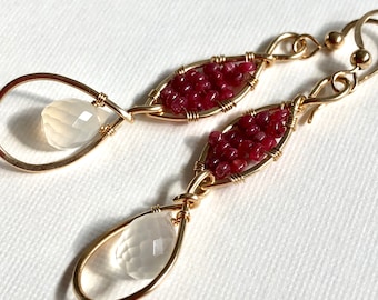 Ruby beaded dangle earrings with rose-quartz beads and gold-filled wire - wirewrapped earrings