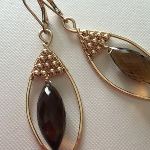 Gold-filled earrings with gold-filled beads and smokey quartz/ wire wirewrapped earrings