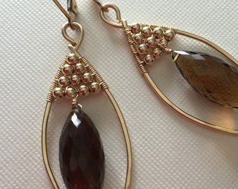 Gold-filled earrings with gold-filled beads and smokey quartz/ wire wirewrapped earrings