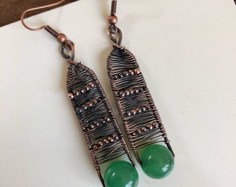 Woven wire-wrapped copper earrings, drop earrings, oxidized copper, with green chalcedony beads and copper beads- wirewrapped j