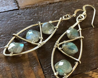 Labradorite wire wrapped silver drop earrings