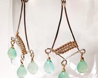 Blue chalcedony two-tone chandelier earrings - wirewrapped earrings - turquoise colored earrings