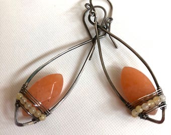 Silver dangle earrings with orange chalcedony marquise cut beads - wire wrapped earrings