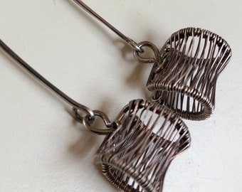 Silver wire-wrapped earrings  - dangling earrings - woven earrings, antiqued, tarnished, handpolished