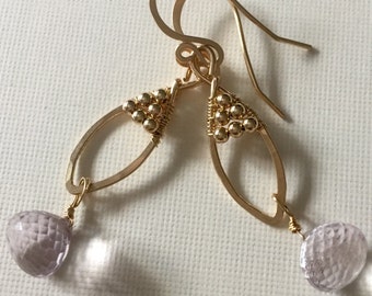 Gold-filled wire wrapped pink amethyst earrings with gold-filled beads