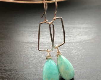 Silver and amazonite wire-wrapped earrings - dangle silver earrings