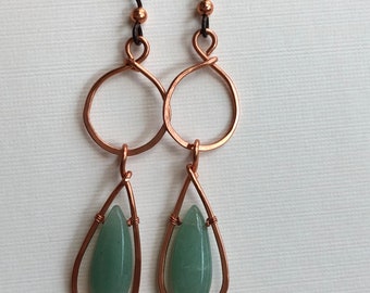 Very simple copper earrings with long green aventurine beads