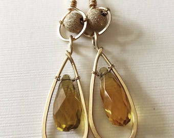 Hammered gold-filled earrings with large citrine beads/wire wrapped earrings