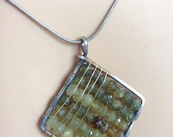 Green garnet square silver wire wrapped pendant with silver snake chain