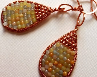 Copper hammered earrings with small multicolor jade beads and copper beads - wire wrapped dangle earrings