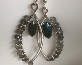 Labradorite center bead with labradorite small beads, wire wrapped in silver - dangle earrings