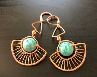 Copper woven wire wrapped earrings with amazonite round beads - tribal earrings - turquoise color - wirewrapped