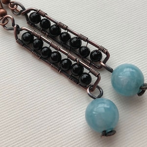 Copper earrings with black onyx and hemimorphite/turquoise beads - wirewrapped dangle earrings - copper antiques wire-wrapped earrings