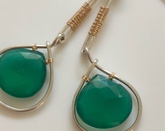 Large green onyx beads wirewraped with silver and gold-filled wire - wire wrapped silver earrings - two-tone dangle earrings - beaded