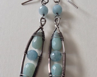 Silver wire wrapped earrings with amazonite and aquamarine beads - dangle oxidized earrings - beatiful beaded silver earrings antiqued