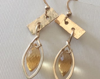 Asymmetrical hammered gold-filled earrings with dewdrop shaped citrine beads/wire wrapped earrings