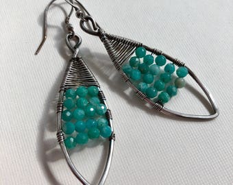 Silver wire wrapped earrings with amazonite beads - dangle oxidized earrings