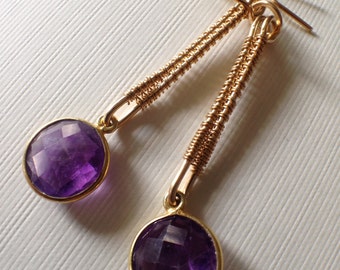 Gold-filled earrings with the bezel-set amethyst beads - wire wrapped dangle earrings