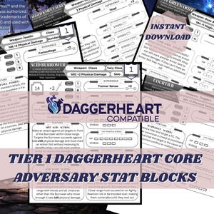 May include: A collection of Daggerheart compatible Tier 1 adversary stat blocks printed on white paper. The documents feature black text and tables detailing character stats, weapons, and abilities for various creatures like the Acid Burrower.