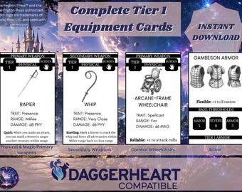 Daggerheart Compatible, Tier 1 Equipment Cards, Primary & Secondary Weapons, Combat Wheelchairs, Armor (PDF Download)