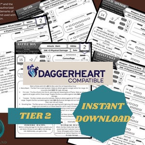 May include: A collection of Daggerheart role-playing game character sheets, featuring various stats and abilities. The sheets are labeled with terms like "Attack," "Experience," and "Physical Damage." The image also includes the text "Instant Download" and "Tier 2."