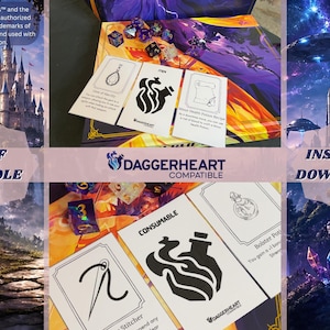 May include: A selection of Daggerheart compatible cards and dice, with the text "PDF Bundle" and "Instant Download". The cards feature black and white illustrations and text, with the Daggerheart logo.