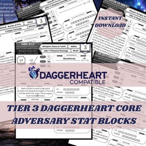 May include: A collection of white Daggerheart compatible adversary stat block sheets featuring black text, tables, and checkboxes for game statistics. The documents include labels such as Hydra, Dire Bat, and Head Vampire, with a central logo.