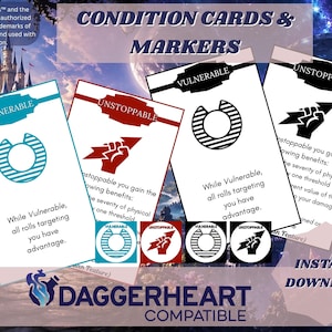 May include: Condition cards and markers for the Daggerheart game. The cards feature the words "Vulnerable" and "Unstoppable" with corresponding symbols and text. The background includes a fantasy landscape and the words "Instant Download".
