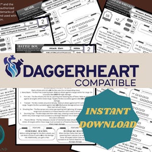 May include: A set of Daggerheart compatible game cards, featuring character stats and abilities. The cards are white with black text and a blue and white logo. A teal hexagon graphic reads "Instant Download".