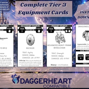 May include: A digital download graphic featuring four equipment cards for a tabletop role-playing game. The cards include illustrations of a rifle, shield, wheelchair, and armor, with text detailing their stats and abilities. The title "Complete Tier 3 Equipment Cards" is displayed.