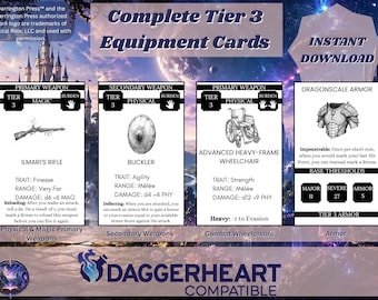 Compatible con Daggerheart, cartas de equipo de nivel 3, armas principales y secundarias, sillas de ruedas de combate y armaduras (descarga en PDF)
