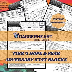 May include: A collection of Daggerheart compatible Tier 4 Hope & Fear adversary stat blocks printed on white paper. The documents feature black text and tables detailing creature statistics, including Ruby Dragon, Harbinger of Death, and Griffin.