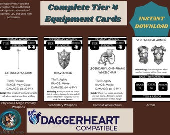 Compatible con Daggerheart, cartas de equipo de nivel 4, armas principales y secundarias, sillas de ruedas de combate y armaduras (descarga en PDF)