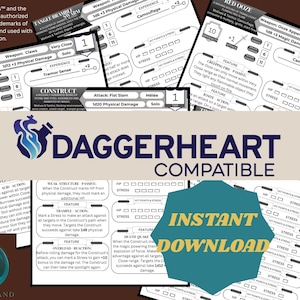 May include: A selection of Daggerheart compatible game cards, featuring stats and game mechanics. The cards are white with black text and graphics. The Daggerheart logo and "INSTANT DOWNLOAD" are also visible.