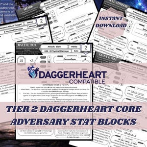 May include: A collection of Daggerheart compatible Tier 2 adversary stat blocks printed on white paper. The documents feature black text, tables, and diagrams detailing game mechanics, combat stats, and creature abilities for tabletop roleplaying.