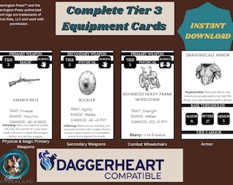 Compatible con Daggerheart, cartas de equipo de nivel 3, armas principales y secundarias, sillas de ruedas de combate y armaduras (descarga en PDF)