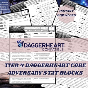 May include: A collection of white Daggerheart Tier 4 adversary stat block cards featuring black text, tables, and checkboxes for game mechanics. The cards include labels like Perfected Zombie, Hallowed Soldier, and Outer Realms Abomination.
