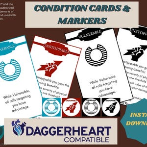 May include: Condition cards and markers featuring the words "Vulnerable" and "Unstoppable". The cards have a white background with black, red, and blue graphics. The text "Instant Download" is also visible.