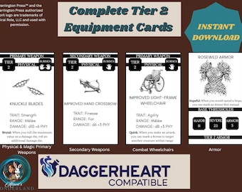 Compatible con Daggerheart, cartas de equipo de nivel 2, armas principales y secundarias, sillas de ruedas de combate y armaduras (descarga en PDF)