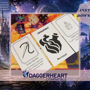 May include: Digital download of Daggerheart compatible cards. The cards display "Armor Stitcher" and "Bolster Potion" with black and white illustrations. The background includes dice, a fantasy scene, and the words "Instant Download".