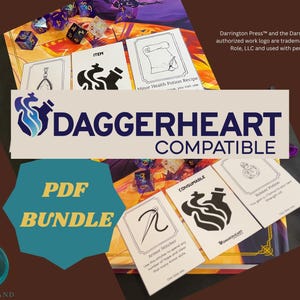 May include: A Daggerheart compatible PDF bundle with game cards, dice, and the Daggerheart logo. The cards feature item illustrations and text. The bundle is on a brown and yellow background.