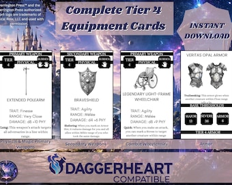 Compatible con Daggerheart, cartas de equipo de nivel 4, armas principales y secundarias, sillas de ruedas de combate y armaduras (descarga en PDF)