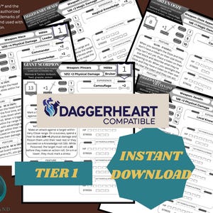 May include: A selection of Daggerheart character sheets, designed for the tabletop role-playing game. The sheets are in black and white with teal highlights, and include the text "Instant Download" and "Tier 1".