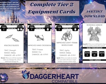 Compatible con Daggerheart, cartas de equipo de nivel 2, armas principales y secundarias, sillas de ruedas de combate y armaduras (descarga en PDF)