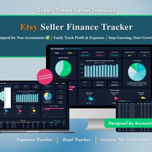 May include: An Etsy Seller Finance Tracker displayed on a laptop, desktop monitor, and tablet. The screens show financial data visualizations, including charts and graphs. Text includes "Designed for Non-Accountants" and "Expense Tracker."