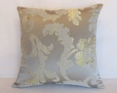 Silver and Gold Satin Pillow Cover, Glamorous Metallic Rose and Leaf Jacquard, 17 quot - 18 quot Square,
